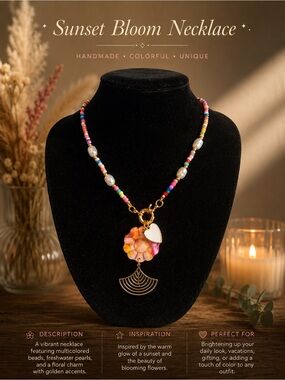 Handmade Multicolor Floral Charm Necklace with Gold Accents